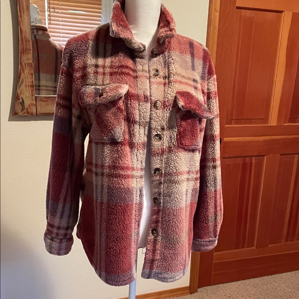 Lucky & Blessed Plaid Teddy Jacket - Red and Gray